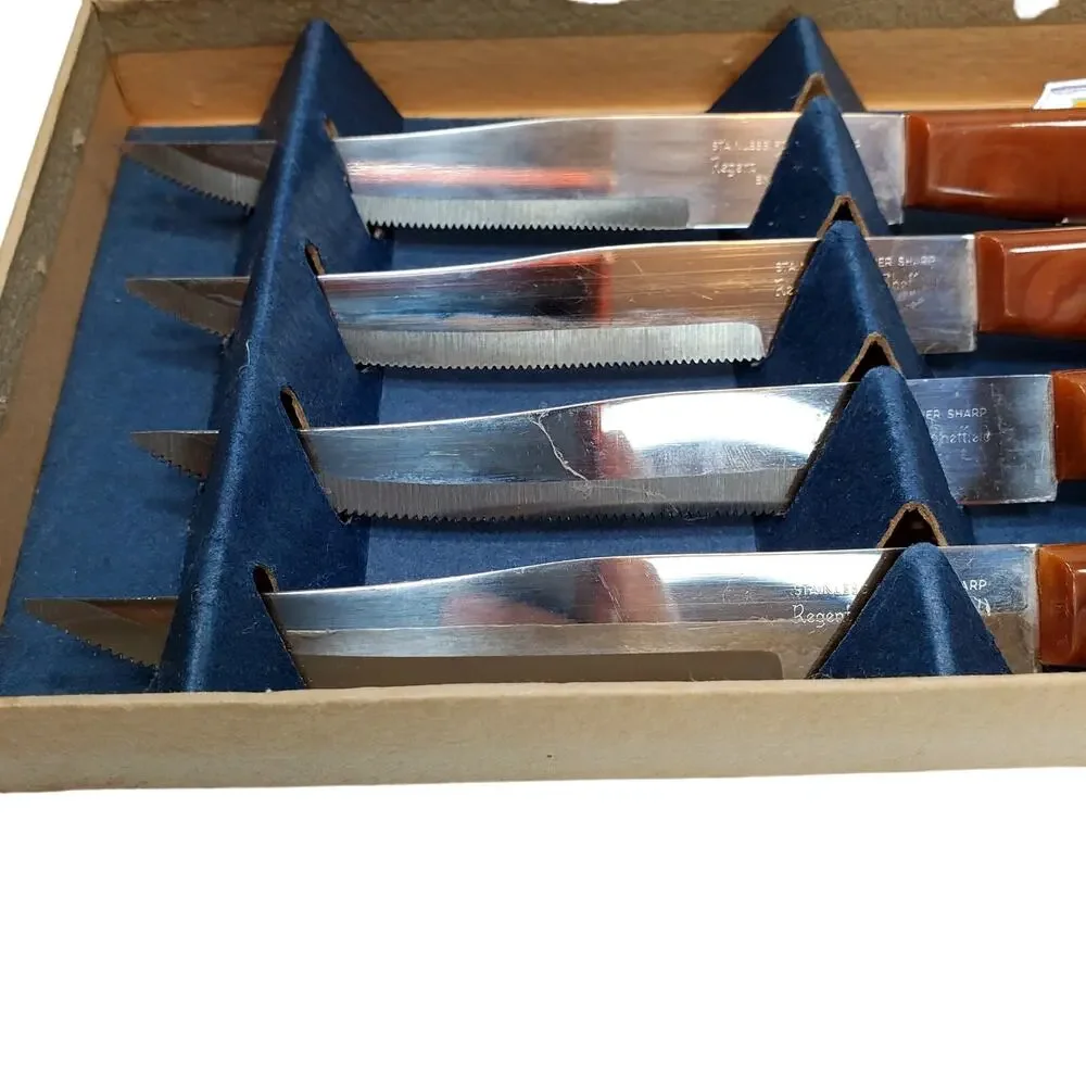 Vtg Regent Sheffield English Stainless 4 Piece Steak Knife Set in Storage Tray